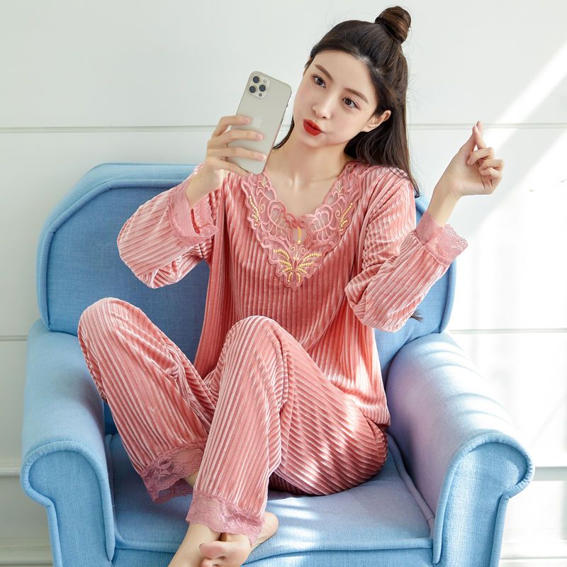Gold velvet pajamas female autumn and winter sexy long-sleeved trousers two-piece suit Korean style pullover home service spring and autumn can be worn outside