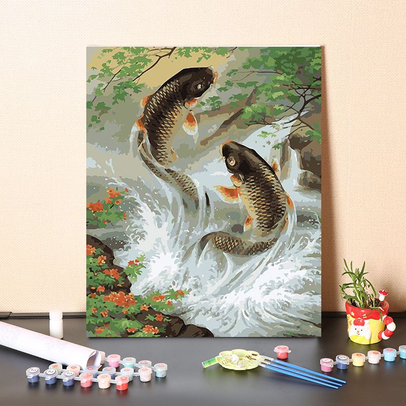 数字油画diy填充中式吉祥如意金鱼鲤鱼玄关装饰填色油彩丙烯画画