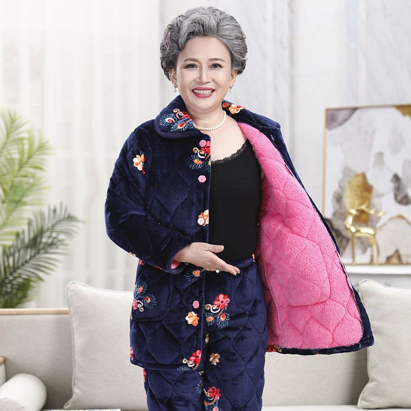 中老年人夾棉加厚睡衣女媽媽冬季家居服外套奶奶裝珊瑚絨睡襖套裝