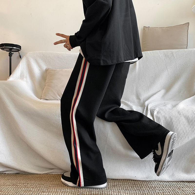 Striped retro straight sports pants men's spring and autumn loose wide-leg pants ins tide brand high street casual long pants