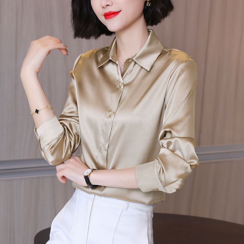 高端顯瘦真絲緞面長袖襯衫女設計感小眾輕熟港風桑蠶絲長袖女上衣