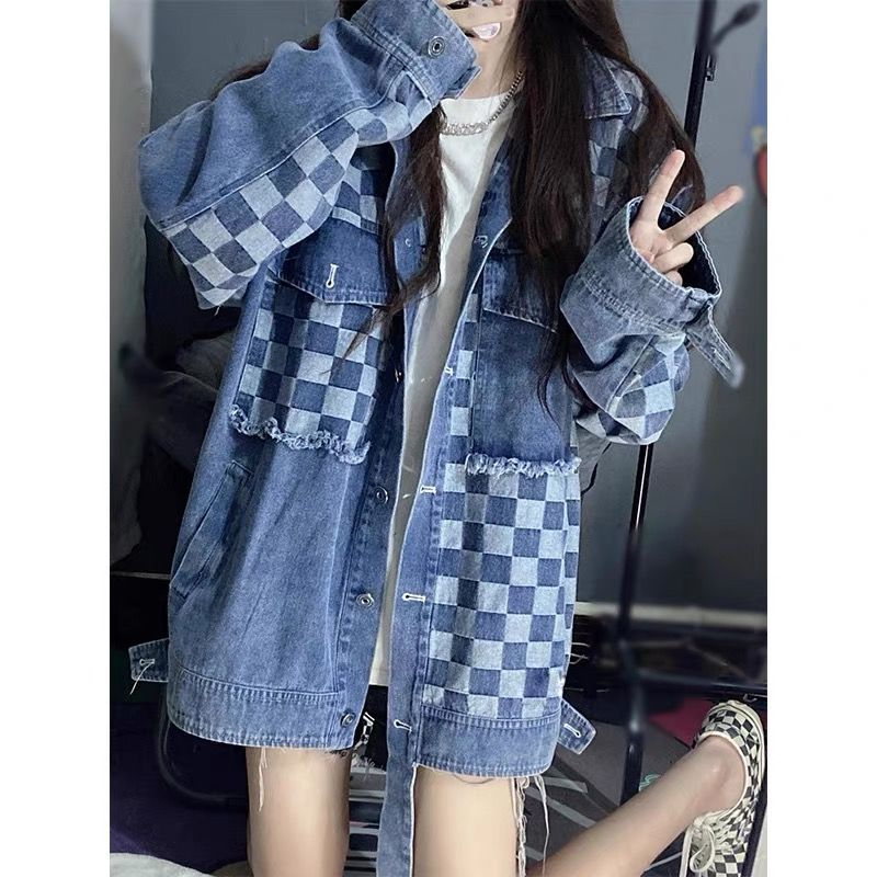 Cool salt wear with checkerboard stitching washed denim cardigan jacket female retro trend loose jacket top