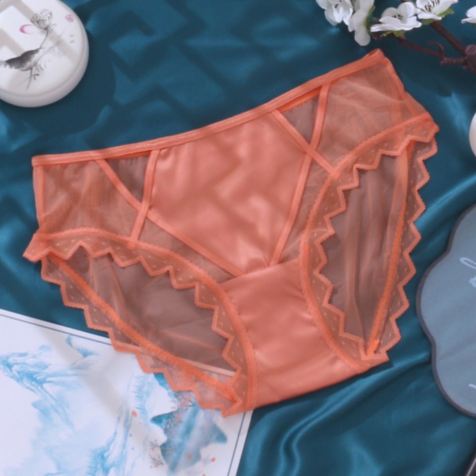 宫廷复古风高品缎面网纱拼接性感内裤女蜜桃臀半透明镂空女内裤