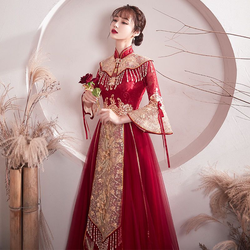 敬酒服新娘结婚2021新款冬季红色中式长袖孕妇长款披肩秀禾礼服女