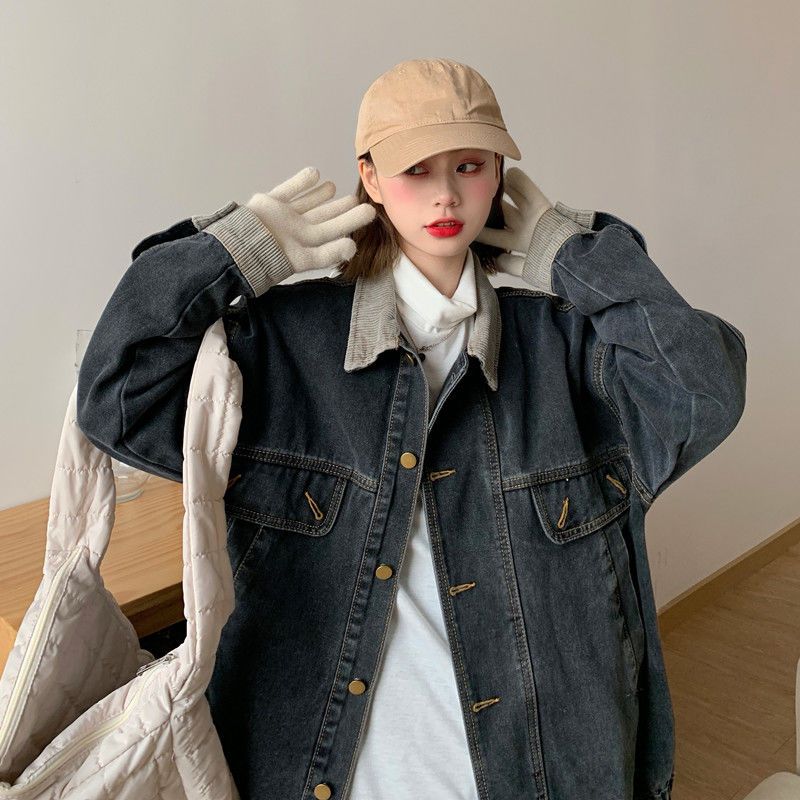 2022 autumn and winter mid-length denim jacket women's loose plus size fat sister mm Korean version of the all-match jacket outerwear tops