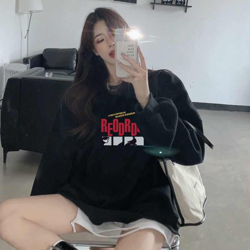 106122-美式潮流ins字母印花加绒加厚秋冬季圆领卫衣女黑色打底薄款上衣-详情图