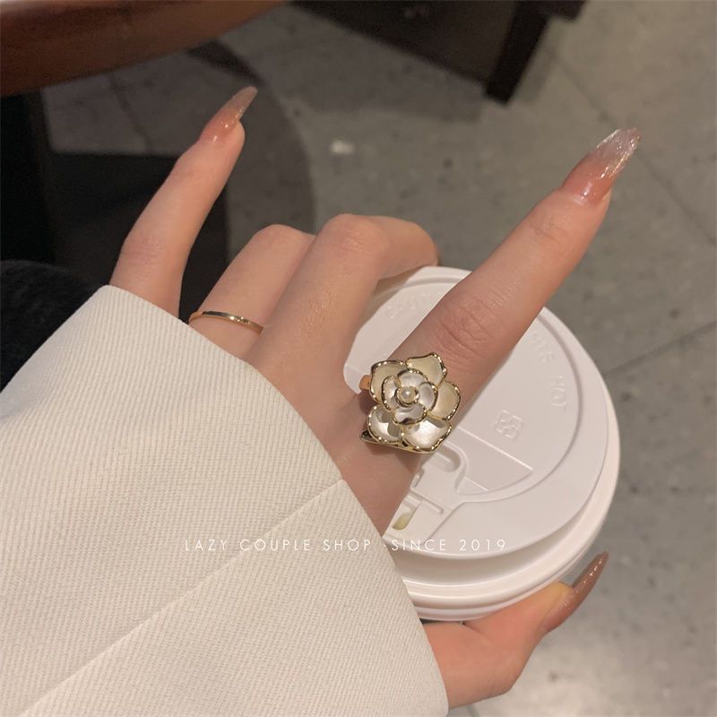 法式溫柔~山茶花戒指女ins高級感小眾設計輕奢小香風指環開口復古