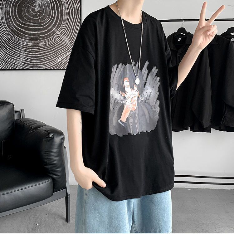 新疆纯棉夏季日系头像烟雾宽松中袖t恤衫男五分短袖港风上衣服潮