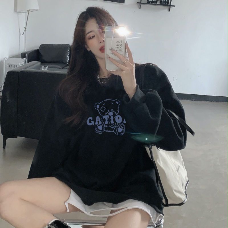 106122-美式潮流ins字母印花加绒加厚秋冬季圆领卫衣女黑色打底薄款上衣-详情图