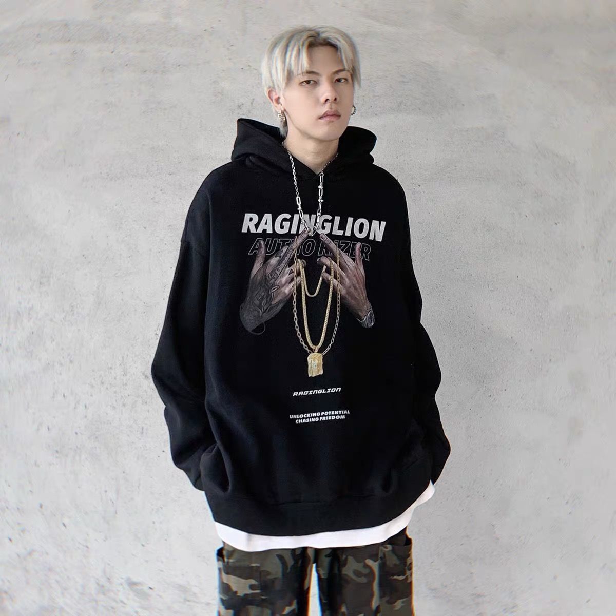Guochao original European and American high street American hip-hop plus velvet hooded sweater men and women ins trend couple hoodie tide clothing