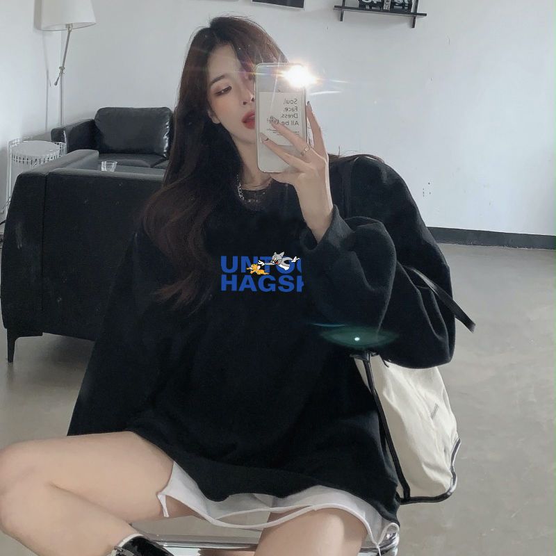 106122-美式潮流ins字母印花加绒加厚秋冬季圆领卫衣女黑色打底薄款上衣-详情图
