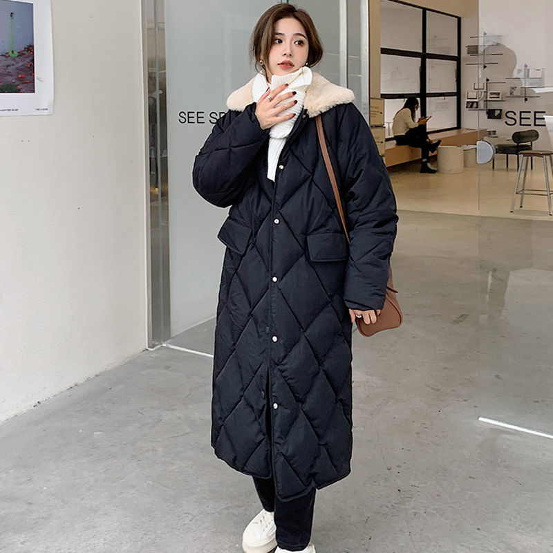 冬季棉服女2021年新款时尚洋气中长款过膝加厚宽松菱格棉袄外套女【2