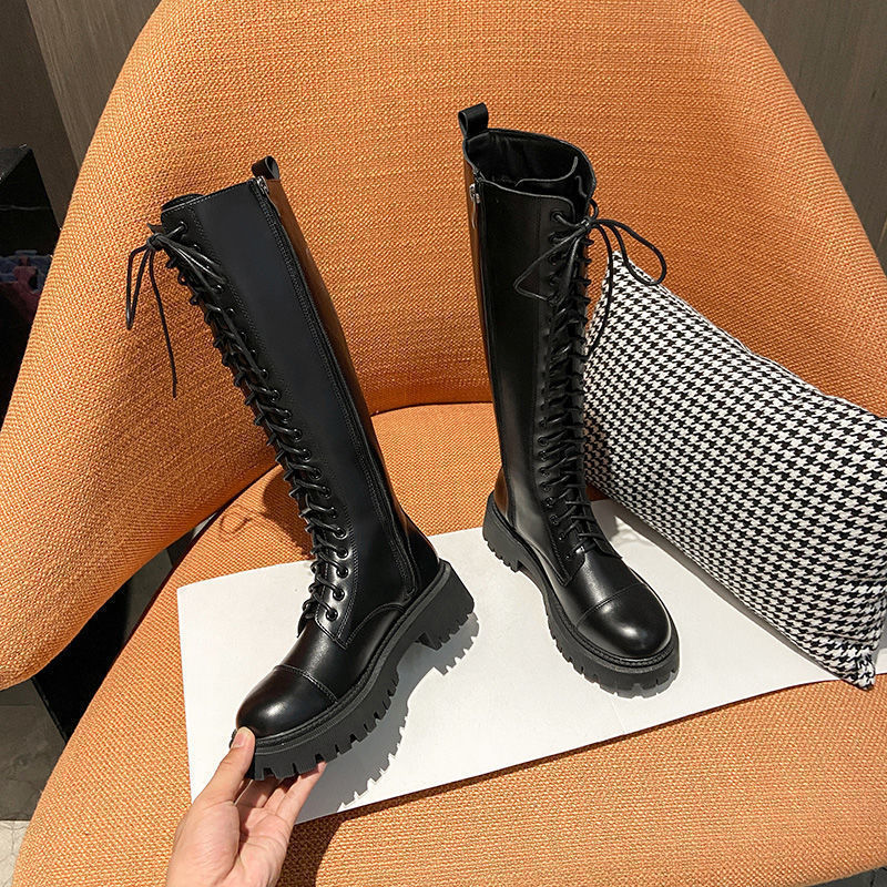  new thick bottomed Knight boots women's boots British style big head high boots below the knee Lace Up Boots