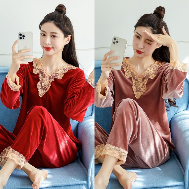 Pajamas women's winter suit gold velvet material loose and comfortable Korean style can be worn outside fashion sexy v-neck net red hot style