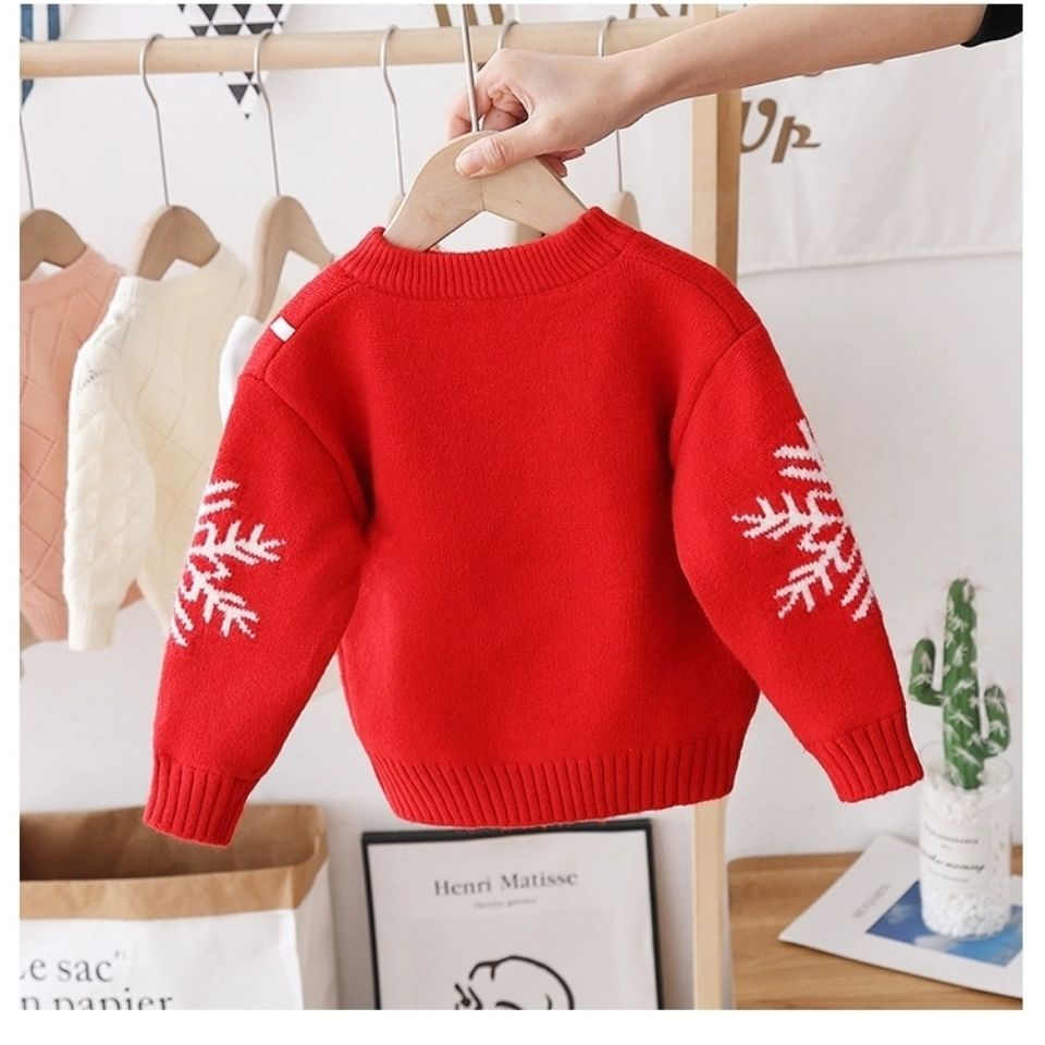 儿童毛衣圣诞款红男女童针织衫圆领套头秋冬新款加绒加厚洋气