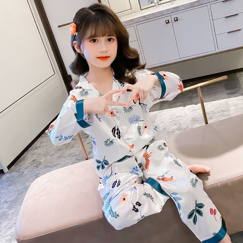 Children's pajamas women's spring and autumn boys' ice silk thin section simulation silk long-sleeved baby middle and big children's home clothes set
