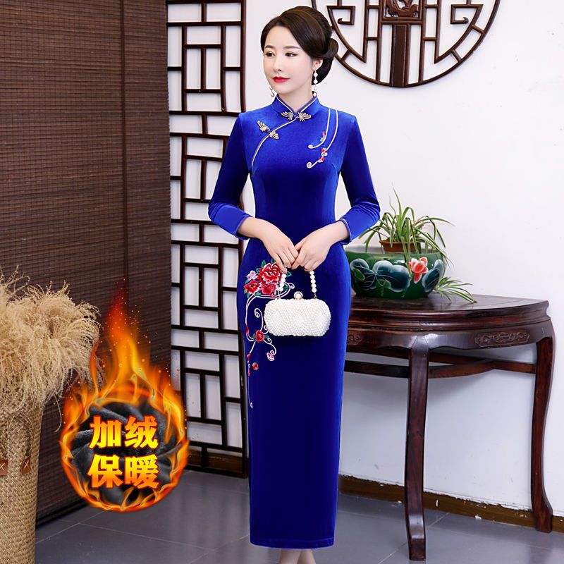【加絨加厚】旗袍冬款繡花長款改良版復古修身氣質旗袍連衣裙女