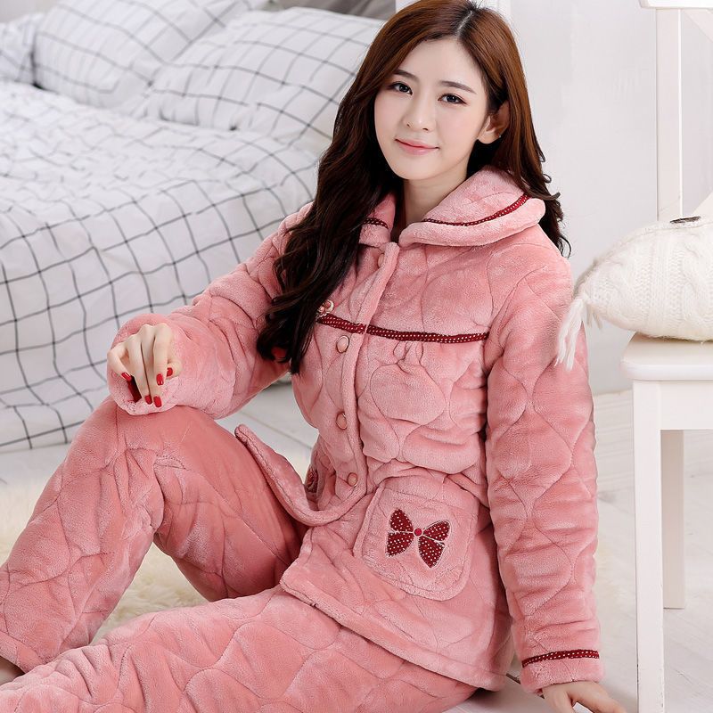 Geqianya pajamas women's autumn and winter coral fleece plus velvet thick three-layer quilted large size flannel home service suit