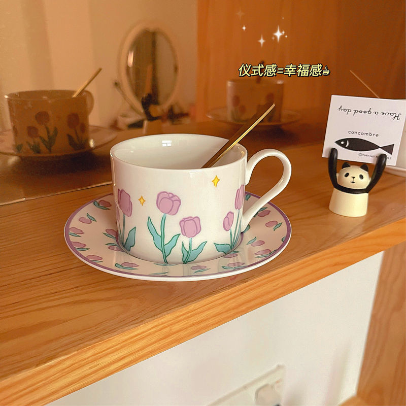韩国ins风复古陶瓷郁金香杯碟套装高颜值网红少女心下午茶咖啡杯