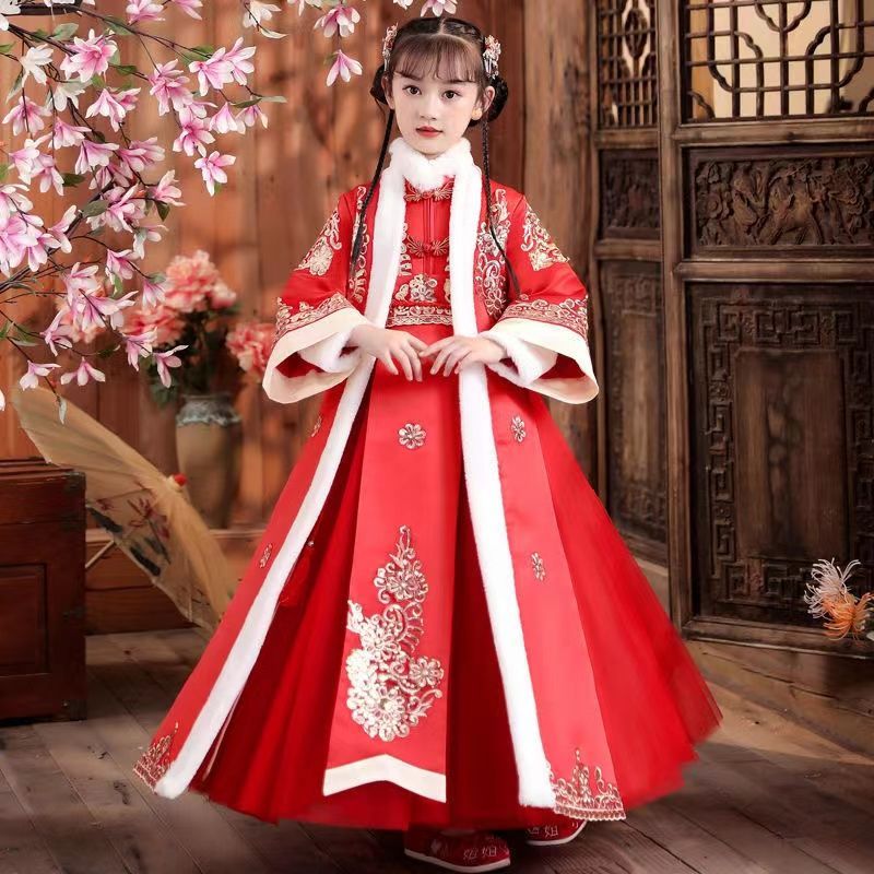 漢服兒童女冬季加絨加厚唐裝兩件套仙女公主裙新年衣服套裝拜年服