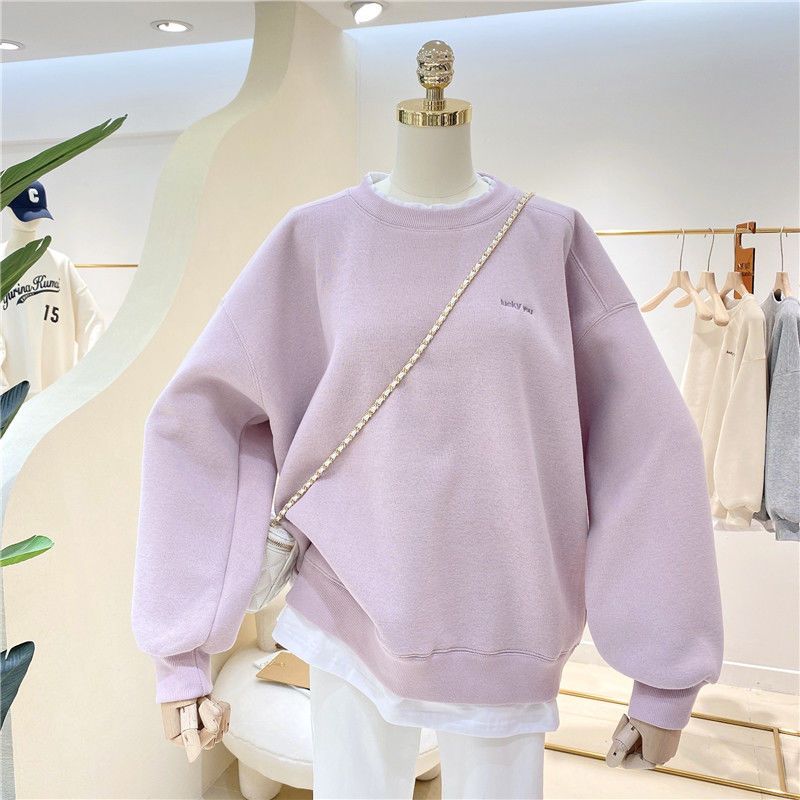 衛衣女加絨加厚2021秋冬新款ins潮簡約刺繡字母拼接假兩件上衣服