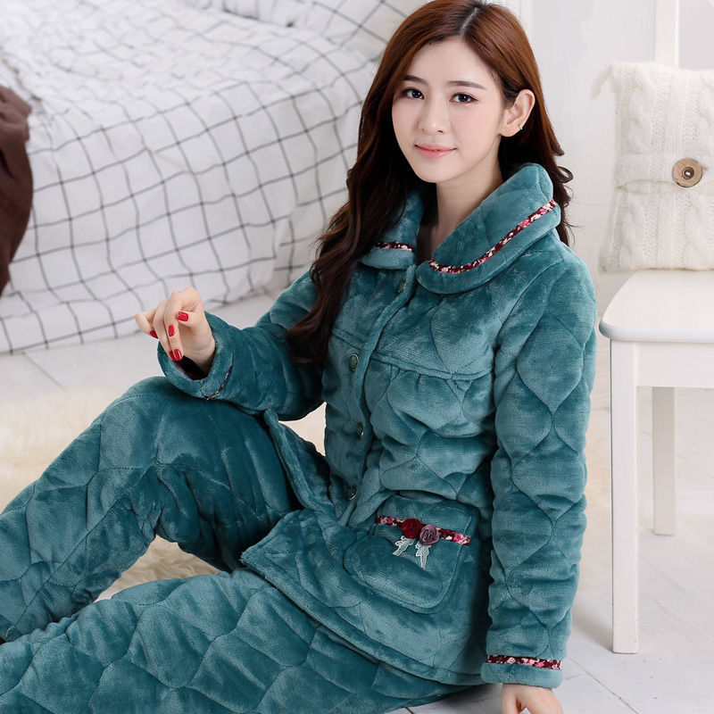 Geqianya pajamas women's autumn and winter coral fleece plus velvet thick three-layer quilted large size flannel home service suit