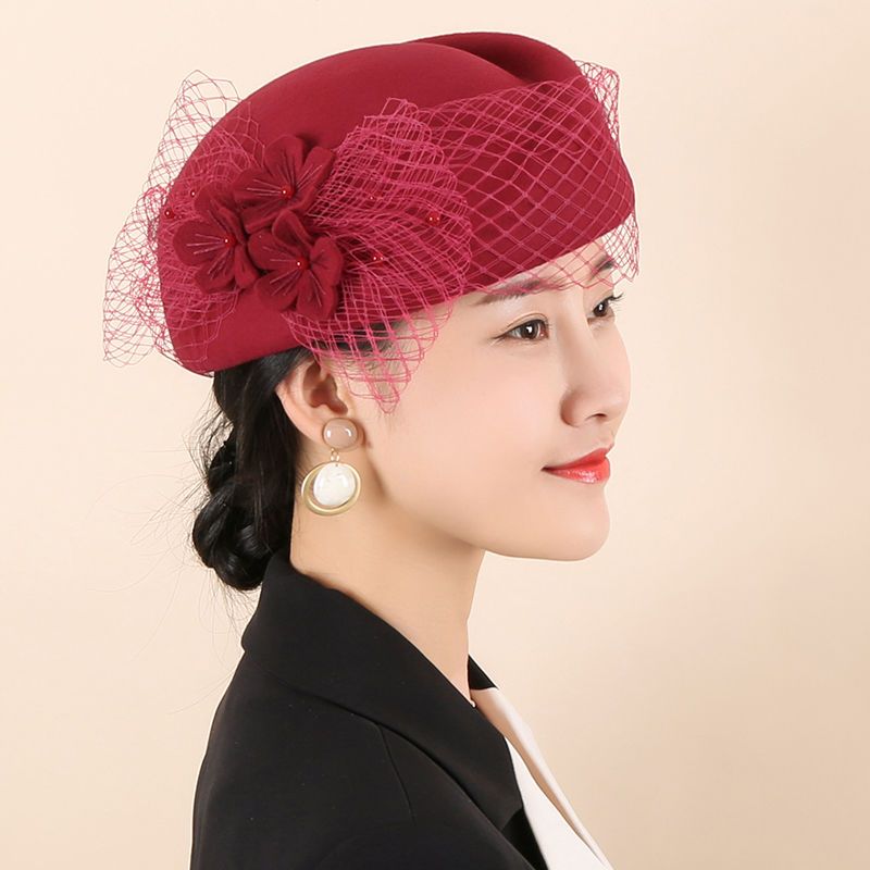秋冬日系女式羊毛帽贝蕾帽帽子百搭英伦复古时尚优雅法式网纱礼帽