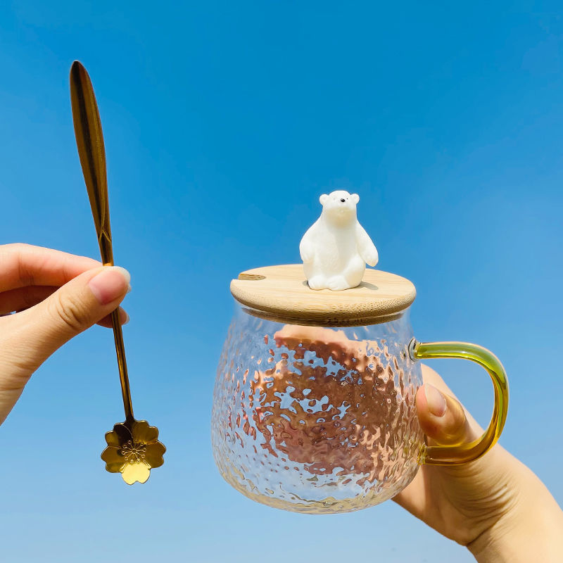 日式锤纹杯创意彩色把手杯子家用喝水办公室泡茶杯公仔竹盖带勺子