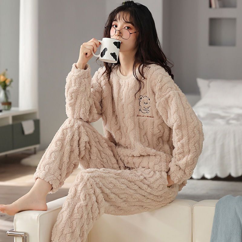 2023 coral fleece pajamas women's winter thickened long-sleeved flannel large size plus velvet autumn and winter home clothes set