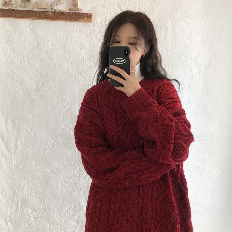 日系酒红色毛衣女宽松套头慵懒风洋气休闲百搭纯色麻花针织衫上衣