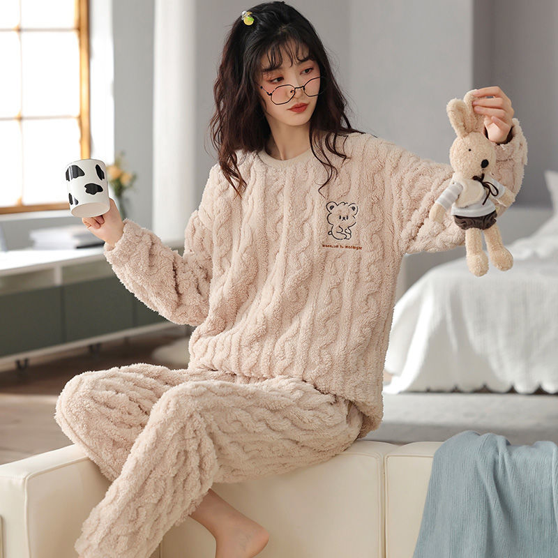 2023 coral fleece pajamas women's winter thickened long-sleeved flannel large size plus velvet autumn and winter home clothes set