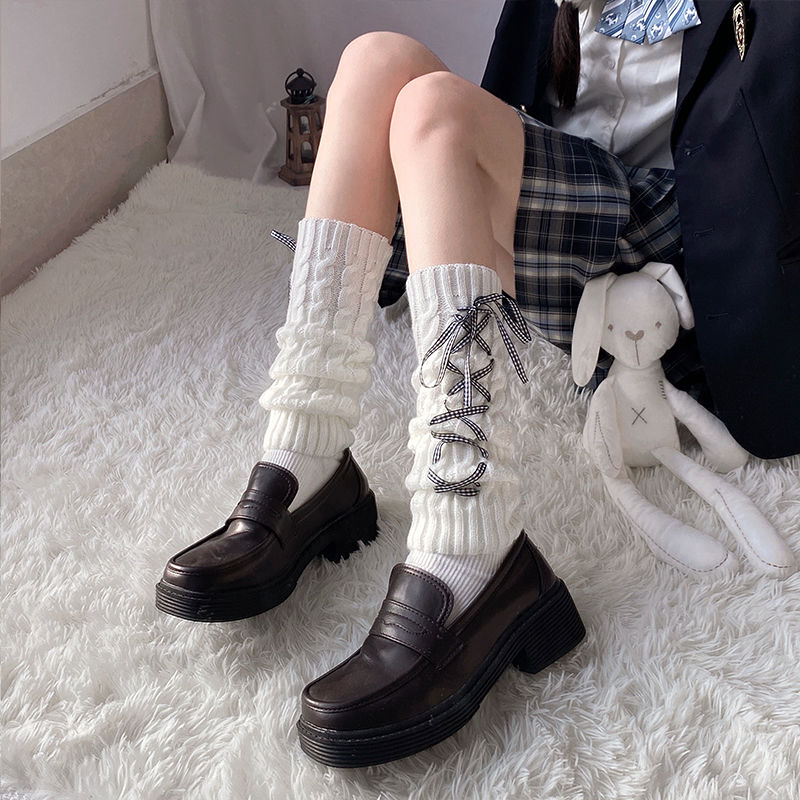 日系Lolita黑白加厚绑带jk小腿堆堆袜套女学院风秋冬护膝保暖中筒