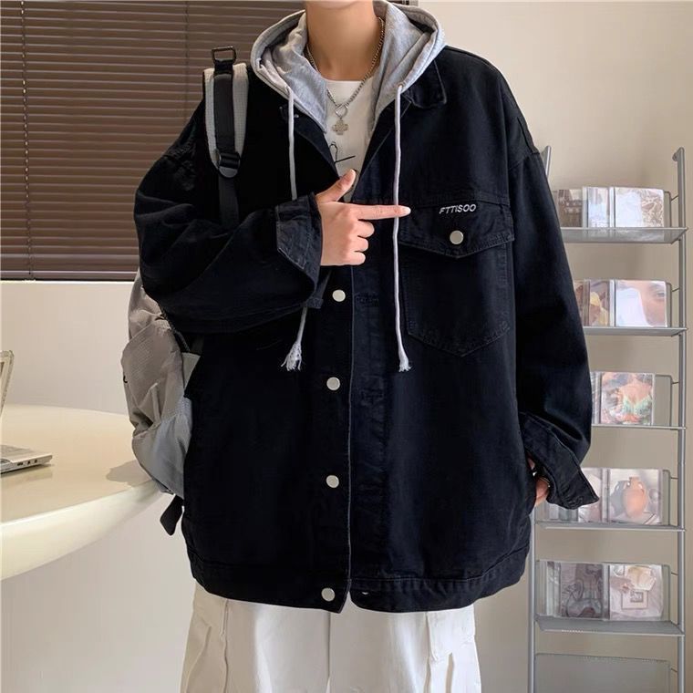 Stitching hooded denim jacket men's spring and autumn national tide function bf wind trend loose casual couple tooling jacket