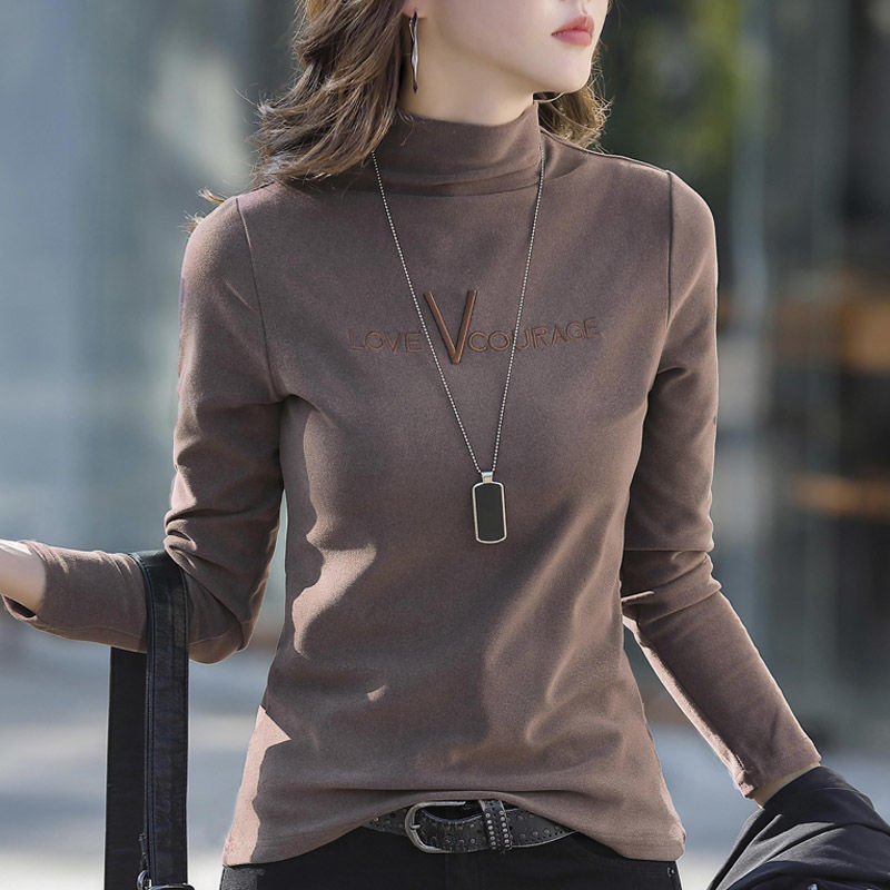 Double-sided German velvet half-high collar bottoming shirt women's inner wear autumn and winter thickened brushed self-heating long-sleeved warm collar top