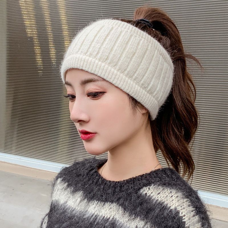 韩版冬季针织毛线发带女网红日系运动包头帽空顶马尾帽发带套头帽