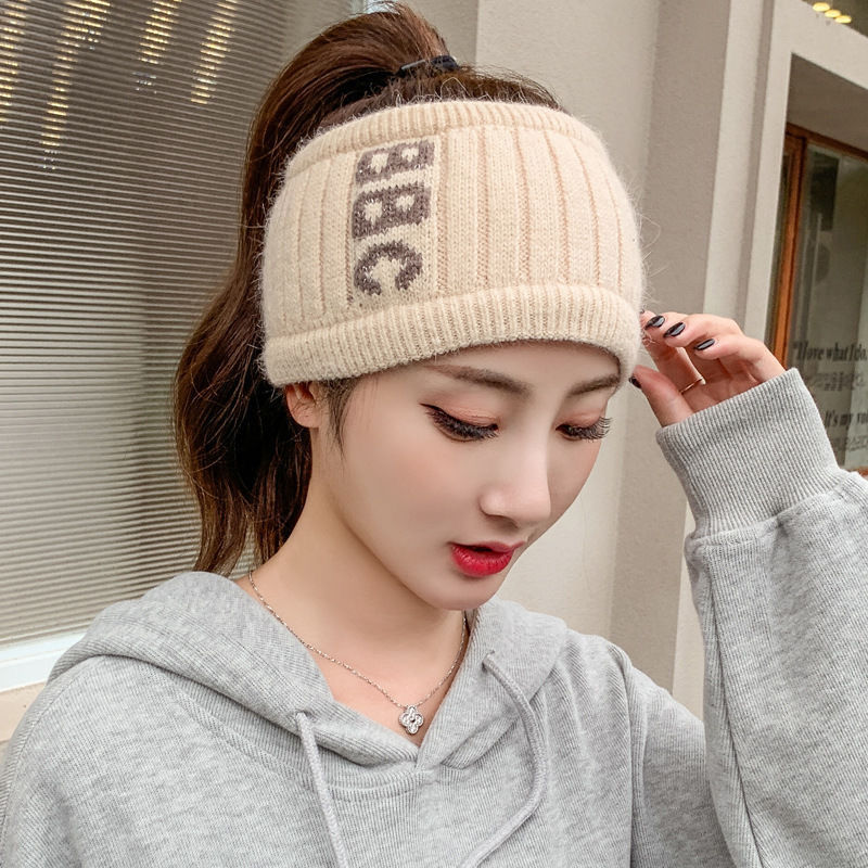 韩版冬季针织毛线发带女网红日系运动包头帽空顶马尾帽发带套头帽