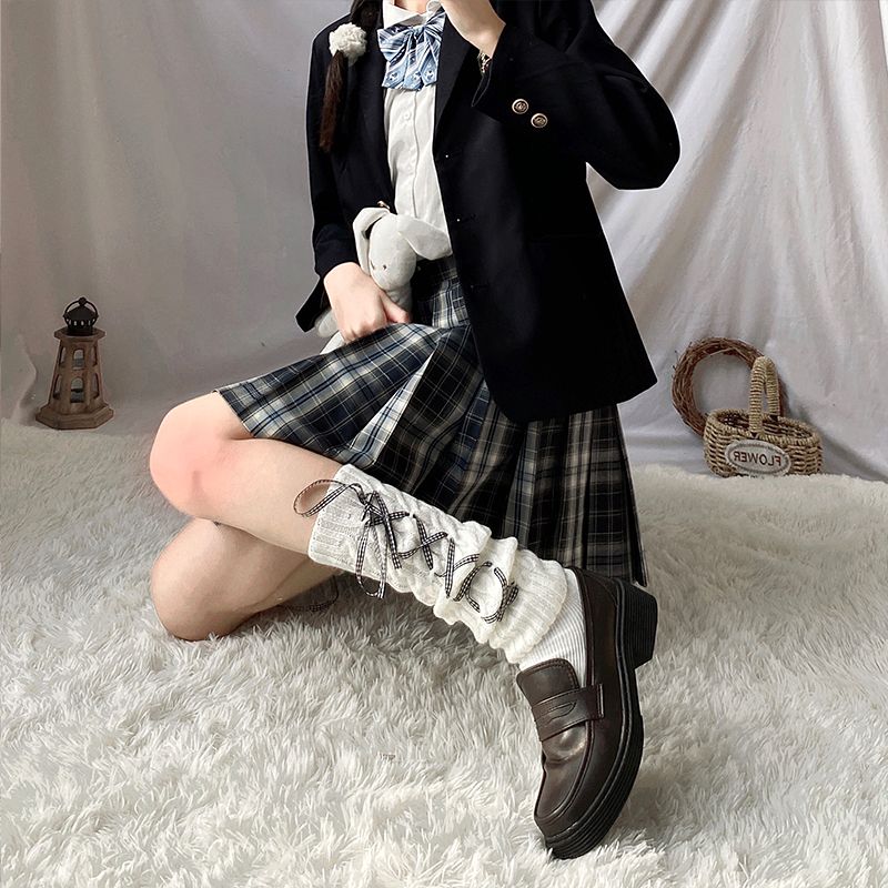 日系Lolita黑白加厚绑带jk小腿堆堆袜套女学院风秋冬护膝保暖中筒