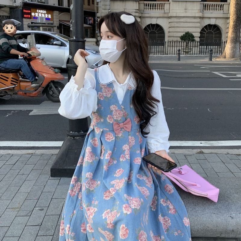 甜美碎花背帶連衣裙女春季2023新款日系溫柔風燈籠袖襯衫兩件套裝