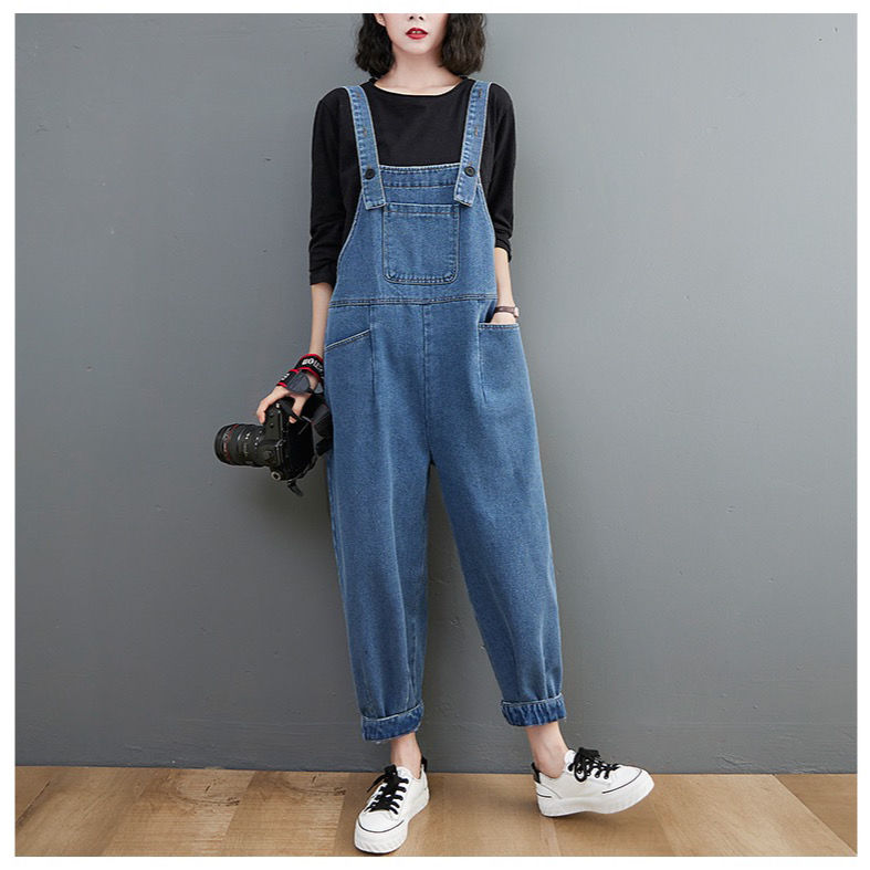 Women's spring and summer new denim overalls loose large size literary and artistic age-reducing slimming overalls one-piece trousers washable trousers
