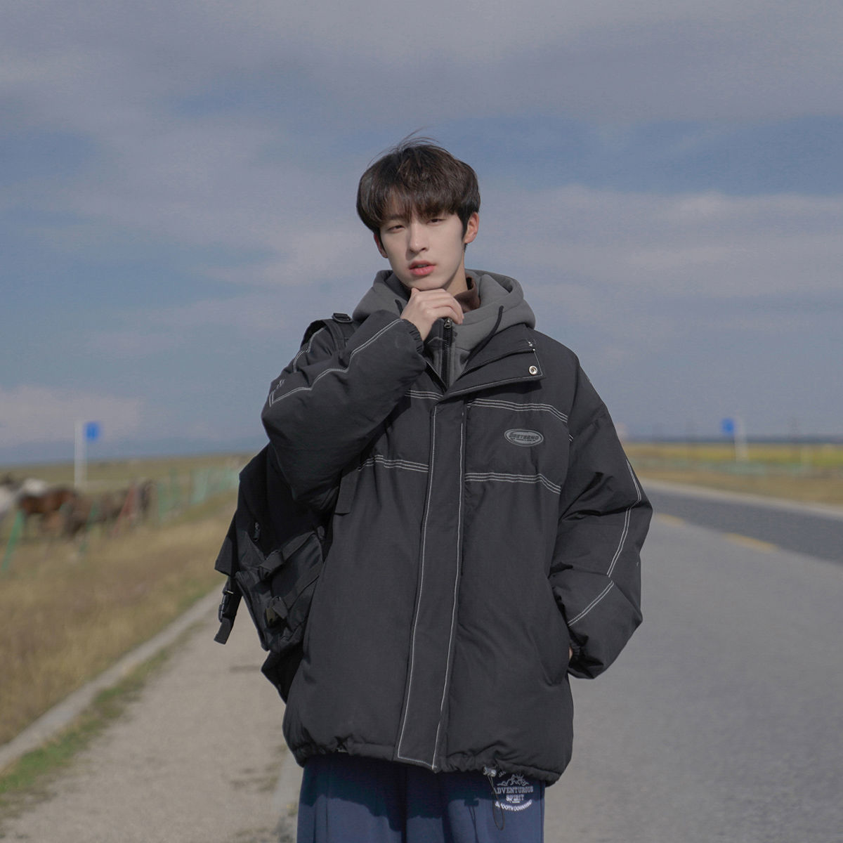 Vestiti finti in due pezzi Sciolti versatili, Cappotto in cotone con cappuccio alla moda per studenti per uomo, Autunno e_voghion.com
