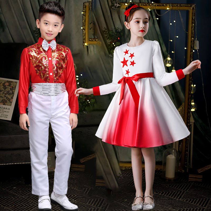 兒童合唱服演出服小學生女童舞蹈裙男童詩歌朗誦紅色禮服表演服裝