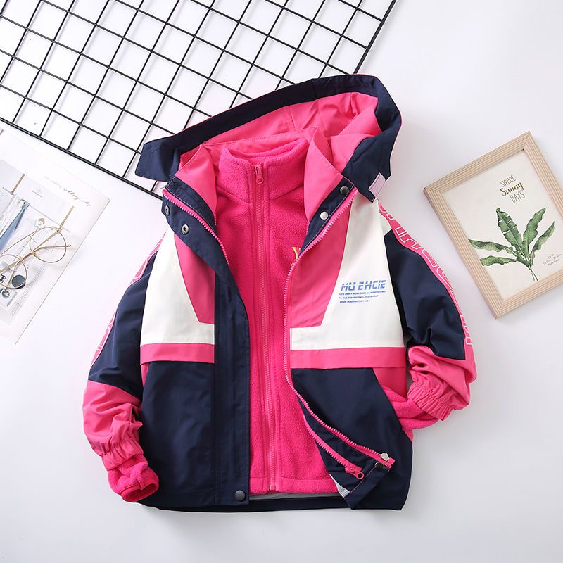 Girls' jacket autumn and winter 2022 new foreign style winter clothes girls three-in-one detachable thick children's fleece jacket