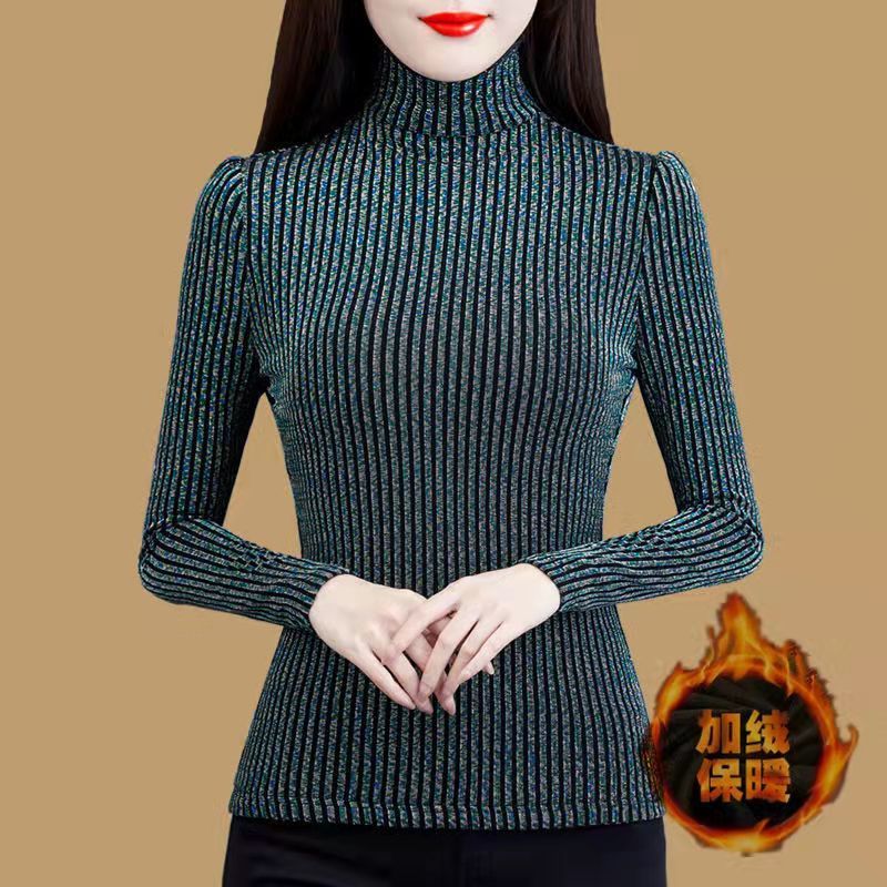 高端加绒打底衫女秋冬新款女装高领保暖打底衫时尚洋气加厚上衣