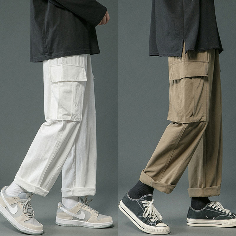 Japanese solid color straight work pants male student trend versatile loose casual pants Hong Kong style retro wide leg pants