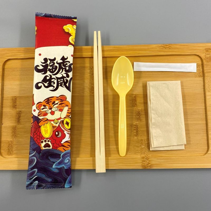 Custom disposable chopsticks four-piece takeaway tableware package toothpick paper towel spoon chopsticks four-in-one set