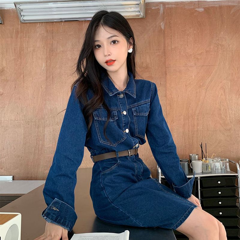 減齡氣質長袖牛仔連衣裙女2022年秋冬大碼胖mm復古寬鬆a字裙短裙
