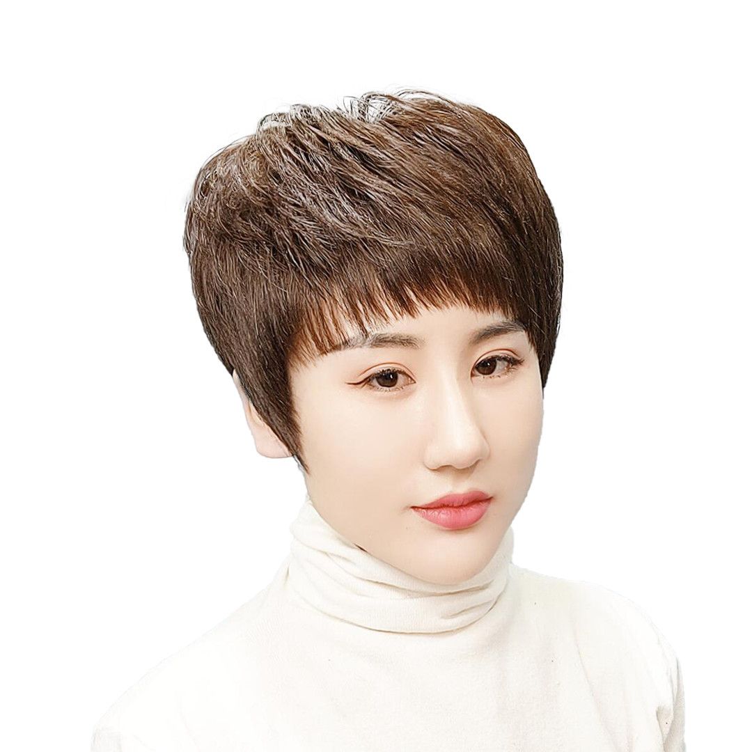 假发套女中老年真发全头套圆脸短直发50岁遮白发自然真人发丝发型