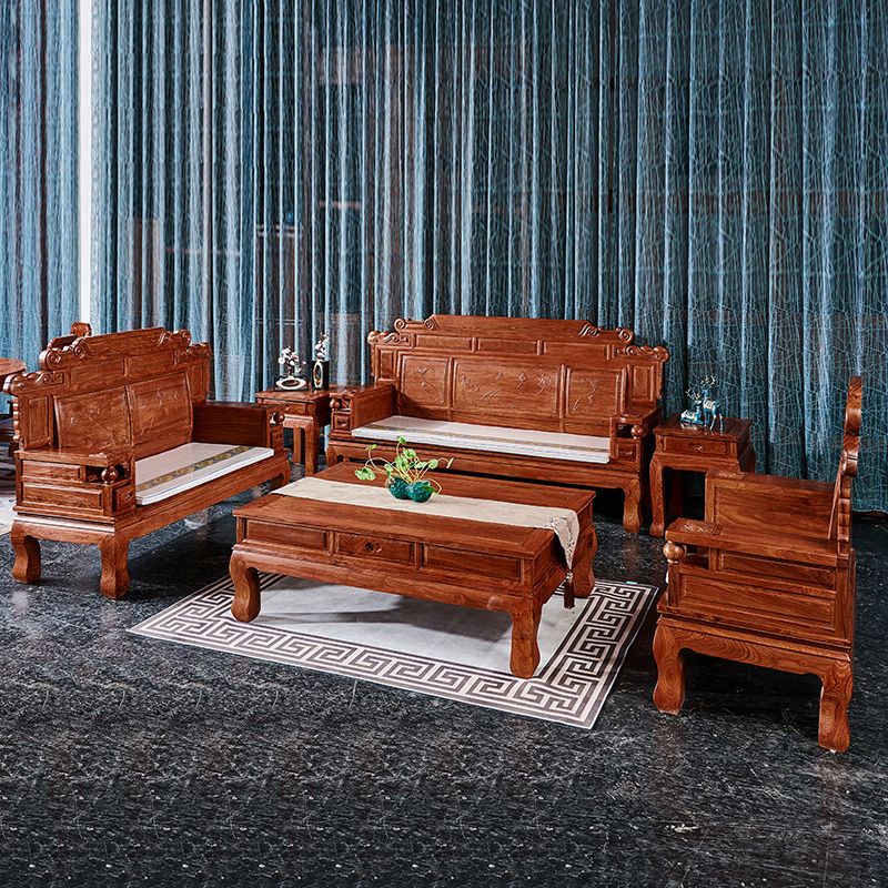 红木沙发家具国标刺猬紫檀雕花新中式荷花财源客厅实木六件套整装
