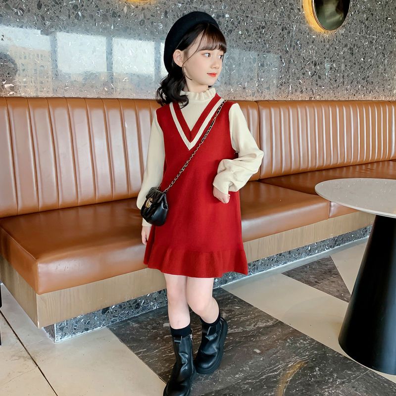 女童连衣裙秋冬季针织红色儿童洋气中长款秋装中大童韩版毛衣裙子