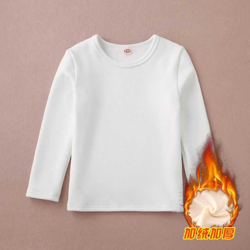 Plus velvet children's white mid-collar bottoming shirt pure cotton long-sleeved round neck t-shirt boys and girls half-high collar thickened warm clothes